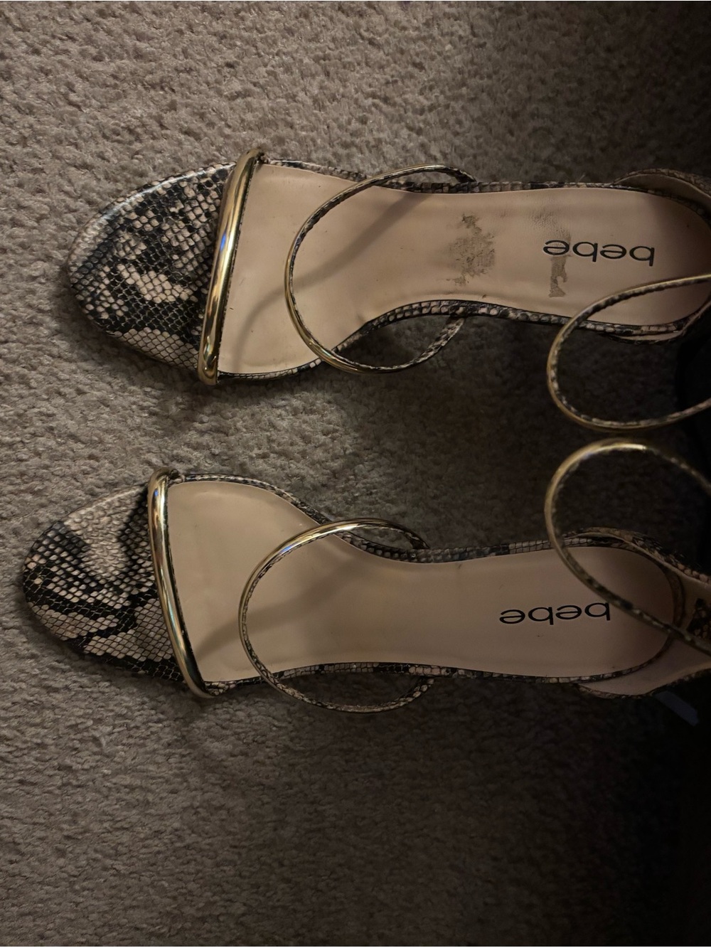 bebe Gold Strappy Sandals with Snake-Print Toe